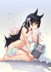 Rule 34 | 1girl, animal ears, atago (azur lane), atago (summer march) (azur lane), atago (summer march) (azur lane), azur lane, bikini, black hair, blush, breasts, chinese commentary, cleavage, commentary request, confetti, flower, from side, hair flower, hair ornament, hair ribbon, highres, huanyan, kneeling, large breasts, leaning forward, long hair, looking at viewer, navel, ribbon, rigging, seiza, sitting, solo, stomach, swimsuit, tongue, tongue out, white bikini, wolf ears, yellow eyes