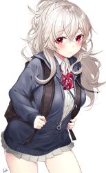Rule 34 | 1girl, backpack, bag, black jacket, blush, bow, bowtie, buttons, closed mouth, collared shirt, cowboy shot, drawstring, grey skirt, hair between eyes, jacket, long hair, long sleeves, looking at viewer, miniskirt, original, partially unzipped, pleated skirt, ponytail, red bow, red bowtie, red eyes, ringozaka mariko, school uniform, shirt, signature, silver hair, simple background, skirt, solo, standing, striped bow, striped bowtie, striped clothes, striped neckwear, thighs, wavy hair, white background, white shirt, zipper pull tab