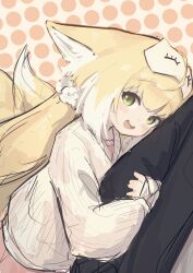 Rule 34 | 1girl, 1other, absurdres, alternate costume, animal ears, arknights, arm hug, blonde hair, blush, cardigan, chack520, chinese commentary, commentary request, doctor (arknights), fox ears, fox girl, fox tail, green eyes, highres, kitsune, kyuubi, looking at viewer, multiple tails, open mouth, polka dot, polka dot background, solo focus, suzuran (arknights), tail, yellow cardigan