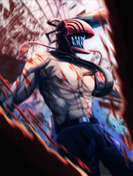 Rule 34 | 1boy, abs, belt, black belt, black necktie, black pants, blood, blood on body, blood on clothes, bloody weapon, chainsaw, chainsaw man, denji (chainsaw man), highres, looking to the side, male focus, miyagawa (maxggguys), muscular, muscular male, navel, necktie, object head, pants, pectorals, sharp teeth, solo, teeth, topless male, weapon