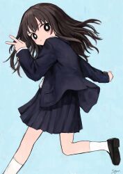 Rule 34 | 1girl, absurdres, artist name, black eyes, black jacket, black skirt, blazer, blue background, blush stickers, bright pupils, brown hair, closed mouth, disembodied hand, foot out of frame, foot up, from side, hand up, highres, jacket, loafers, long hair, looking at viewer, looking to the side, original, pleated skirt, pout, running, school uniform, shii595, shoes, simple background, skirt, socks, solo, v, v-shaped eyebrows, white pupils, white socks