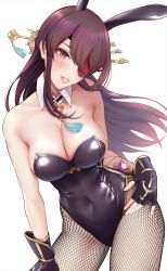 Rule 34 | 1girl, animal ears, bare shoulders, beidou (genshin impact), black leotard, breasts, brown eyes, brown hair, cleavage, collarbone, commentary request, covered navel, detached collar, edogawa roman, eyepatch, fingerless gloves, fishnets, genshin impact, gloves, hair ornament, hand on own leg, large breasts, leaning forward, leotard, long hair, one eye covered, pantyhose, parted lips, playboy bunny, rabbit ears, revision, simple background, smile, solo, standing, strapless, strapless leotard, white background