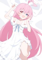 Rule 34 | 1girl, absurdres, ahoge, barefoot, bed sheet, blue archive, blue eyes, blush, breasts, cleavage, dress, foot out of frame, hagoonha, hair between eyes, halo, heterochromia, highres, hoshino (blue archive), long hair, looking at viewer, open mouth, pillow, pink hair, pink halo, small breasts, solo, white dress, yellow eyes