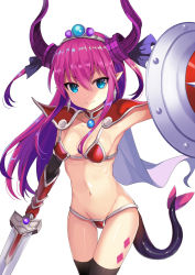 Rule 34 | 10s, 1girl, armor, bad id, bad pixiv id, bikini, bikini armor, black thighhighs, blue eyes, breasts, closed mouth, collarbone, dragon tail, elizabeth bathory (brave) (fate), elizabeth bathory (fate), elizabeth bathory (halloween caster) (fate), fate/extra, fate/extra ccc, fate/grand order, fate (series), gauntlets, hair ribbon, harimoji, highres, holding, holding sword, holding weapon, horns, loose bikini, navel, oversized clothes, pauldrons, pink hair, pointy ears, red armor, red bikini, ribbon, shield, shiny skin, shoulder armor, simple background, small breasts, smile, solo, standing, swimsuit, sword, tail, thigh gap, thighhighs, tiara, weapon, white background
