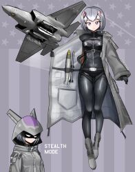 Rule 34 | 1girl, absurdres, aircraft, artist name, belt, black bodysuit, black gloves, bodysuit, bomb, closed mouth, english text, explosive, expressionless, f-35 lightning ii, full body, gloves, grey hair, headgear, highres, hood, hood up, long sleeves, looking at viewer, mecha musume, military, military vehicle, multiple views, original, pandramodo, purple eyes, rocket, short hair, solo, standing, twitter username, upper body