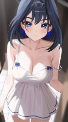 1girl absurdres alternate_costume black_hair blue_eyes blue_hair blurry blush breasts chain chain_hairband cho_913 cleavage collarbone colored_inner_hair commentary depth_of_field doorway dress highres hololive hololive_english large_breasts looking_at_viewer multicolored_hair ouro_kronii pov_doorway short_hair sleeveless sleeveless_dress solo strap_slip symbol-only_commentary virtual_youtuber white_dress