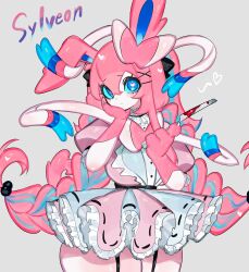 Rule 34 | animal hands, blue eyes, blue sclera, braid, breasts, colored sclera, colored skin, creatures (company), frills, furry, furry female, game freak, gen 6 pokemon, hair bobbles, hair ornament, hand on another&#039;s face, heart, heart-shaped pupils, highres, large breasts, long ears, long hair, looking at viewer, maid, multicolored hair, nintendo, pink hair, pink skin, pokemon, pokemon (creature), ribbon, sylveon, symbol-shaped pupils, thick thighs, thighs, togetoge, very long hair, wide hips