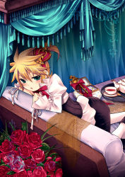Rule 34 | 1boy, angry, bed, blonde hair, blue eyes, blush, bow, candy, child, crown, flower, food, highres, kagamine len, leaning, male focus, open mouth, prince, rose, scepter, short hair, solo, tea, tea set, vocaloid, yomorin
