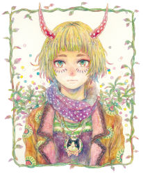 Rule 34 | 1girl, blonde hair, chain necklace, chain, green eyes, horns, jewelry, leaf, looking at viewer, multicolored eyes, necklace, original, painting (medium), plant, red eyes, runta, short hair, solo, traditional media, upper body, vines, watercolor (medium), yellow eyes
