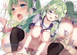 Rule 34 | 1boy, 1girl, anus, ass, black thighhighs, blue eyes, blue sailor collar, blush, breasts, breasts out, censored, collarbone, cum, cum in pussy, frog hair ornament, functionally nude, girl on top, green hair, hair intakes, hair ornament, hanging breasts, highres, japanese text, kochiya sanae, large breasts, long hair, medium breasts, miyase mahiro, mosaic censoring, motion lines, navel, nipples, one eye closed, open mouth, penis, raised eyebrows, sailor collar, school uniform, serafuku, sex, short sleeves, sidelocks, snake hair ornament, solo focus, thighhighs, touhou, twitching, uniform, vaginal