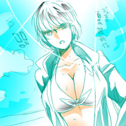Rule 34 | !, !!, 1girl, atlus, breasts, cleavage, front-tie top, gender request, genderswap, grey hair, huge breasts, large breasts, morimement, narukami yuu, open clothes, open shirt, persona, persona 4, shirt, short hair, solo, white hair