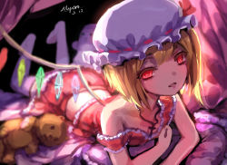 Rule 34 | 1girl, bare shoulders, bed, blonde hair, canopy bed, cross, flandre scarlet, hat, highres, jewelry, legs up, lying, mob cap, myero, necklace, off shoulder, on bed, on stomach, open mouth, red eyes, ribbon-trimmed headwear, ribbon trim, shirt, signature, skirt, solo, stuffed animal, stuffed toy, teddy bear, thighhighs, touhou, white thighhighs, wings, zettai ryouiki