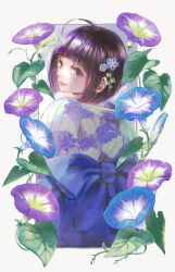 Rule 34 | 1girl, ahoge, always omochi, amatori chika, black hair, blue flower, bob cut, closed mouth, cube hair ornament, eyelashes, floral print, flower, from behind, hair flower, hair ornament, highres, japanese clothes, kimono, looking at viewer, looking back, morning glory, obi, outside border, plant, purple flower, purple hair, red eyes, sash, short hair, smile, solo, upper body, vines, white background, world trigger, yukata