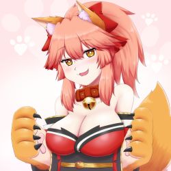 Rule 34 | 1girl, animal ear fluff, animal ears, animal hands, bell, blush, breasts, cat paws, cleavage, collar, collarbone, fate/grand order, fate (series), fox ears, fox girl, fox tail, gloves, gradient background, hair ribbon, highres, jingle bell, keita naruzawa, large breasts, long hair, looking at viewer, neck bell, paw gloves, pink hair, ponytail, red ribbon, ribbon, solo, tail, tamamo (fate), tamamo cat (fate), tamamo cat (first ascension) (fate), yellow eyes