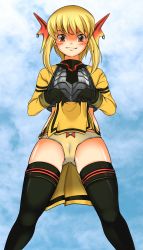 Rule 34 | 1girl, armor, black thighhighs, blonde hair, blush, bow, bowtie, clothes lift, female focus, gensou suikoden, gensou suikoden iii, gloves, gradient background, headdress, highres, long hair, looking down, panties, pantyshot, red eyes, refuto, sharon (suikoden), skirt, skirt lift, smile, solo, thighhighs, underwear