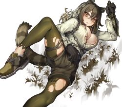 Rule 34 | 1girl, animal ears, animal hands, arknights, barcode, black leggings, black shorts, breasts, brown hair, closed mouth, highres, holding, holding knife, knife, large breasts, leggings, long hair, long sleeves, looking at viewer, mwomwomwo, partially unbuttoned, raccoon ears, raccoon girl, raccoon tail, robin (arknights), shirt, shoes, short shorts, shorts, solo, tail, torn clothes, torn leggings, unbuttoned, unbuttoned shirt, white shirt, yellow eyes