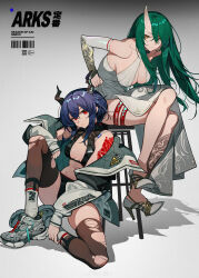 Rule 34 | 2girls, absurdres, alternate costume, arknights, arm tattoo, arm warmers, barcode, bare shoulders, black bra, black jacket, black undershirt, blue hair, bra, breasts, brown thighhighs, ch&#039;en (arknights), cleavage, closed mouth, commentary request, copyright name, dragon girl, dragon horns, dress, english text, expressionless, full body, green hair, grey background, hachisan, high heels, highres, horns, hoshiguma (arknights), jacket, knee up, large breasts, leg tattoo, long hair, long sleeves, looking at viewer, medium breasts, midriff, multiple girls, navel, open clothes, open jacket, plunging neckline, red eyes, shoes, single horn, sitting, skin-covered horns, sleeveless, sleeveless dress, sneakers, socks, socks over thighhighs, stool, tattoo, thigh strap, thighhighs, torn clothes, torn thighhighs, underwear, white dress, white footwear, white jacket, white socks, yellow eyes