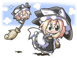Rule 34 | 1girl, aoblue, blonde hair, blue eyes, broom, chibi, dress, female focus, gradient background, hat, highres, kirisame marisa, multiple views, o o, outdoors, sky, touhou, white background, witch, witch hat