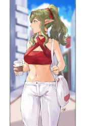 Rule 34 | 1girl, alternate costume, bag, bandeau, bare arms, bare shoulders, blue sky, blurry, blurry background, breasts, casual, choker, coffee cup, commentary request, contemporary, cowboy shot, criss-cross halter, cup, day, disposable cup, fire emblem, fire emblem awakening, green eyes, green hair, hair ribbon, halterneck, handbag, headpiece, highres, holding, large breasts, long hair, looking to the side, midriff, navel, nintendo, outdoors, pants, pointy ears, ponytail, profile, red ribbon, ribbon, sakuremi, sidelocks, sky, solo, standing, stomach, tiki (adult) (fire emblem), tiki (fire emblem), white pants