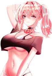 Rule 34 | 1girl, absurdres, arm behind head, arm up, azur lane, bad id, bad pixiv id, bikini, bikini under clothes, black bikini, black choker, black shirt, blush, breasts, bremerton (azur lane), choker, cleavage, closed mouth, collarbone, commentary, crop top, crop top overhang, ear piercing, ga yeah, grey hair, groin, hair between eyes, hair intakes, highres, large breasts, lifebuoy ornament, long hair, looking at viewer, mole, mole on breast, mole under eye, multicolored hair, navel, navel piercing, off-shoulder shirt, off shoulder, piercing, pink eyes, pink hair, shirt, short sleeves, sidelocks, simple background, single bare shoulder, skindentation, solo, standing, stomach, streaked hair, swimsuit, twintails, two-tone hair, underboob, upper body, white background