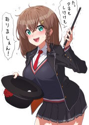 Rule 34 | 1girl, black jacket, blush, braid, breasts, brown hair, charlotte corday (fate), fate/grand order, fate (series), fingernails, green eyes, hat, highres, holding, holding clothes, holding hat, holding wand, jacket, large breasts, magic trick, necktie, onsoku inu, pleated skirt, red necktie, school uniform, side braid, skirt, trembling, wand, wavy mouth, white background