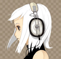 Rule 34 | bare shoulders, black eyes, brown background, cable, checkered background, eyelashes, headphones, lowres, original, portrait, solo, turtleneck, white hair