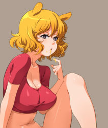 Rule 34 | 1girl, animal ears, bear ears, blonde hair, bottomless, breasts, brown eyes, cleavage, crop top, disney, finger to mouth, genderswap, genderswap (mtf), grey background, grey eyes, honey, huge breasts, large breasts, legs, messy hair, naso4, navel, open mouth, parted lips, personification, pooh, sexually suggestive, shirt, short hair, simple background, sitting, solo, taut clothes, taut shirt, winnie the pooh