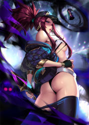Rule 34 | akali, ass, bare shoulders, baseball cap, belt pouch, bikini, breasts, cian yo, cleavage, dagger, earrings, fingerless gloves, fingernails, from behind, gloves, glowing, glowing eye, hand on own hip, hat, holding, holding weapon, jacket, jewelry, k/da (league of legends), k/da akali, knife, league of legends, lips, long hair, looking at viewer, looking back, medium breasts, nail polish, off shoulder, open clothes, open jacket, parted lips, pouch, purple eyes, red hair, reverse grip, shiny skin, sideboob, sidelocks, simple background, swimsuit, thighs, weapon