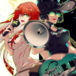 Rule 34 | 2girls, arc system works, black hair, breasts, female focus, glasses, green-tinted eyewear, green-tinted glasses, green eyes, guilty gear, guilty gear strive, guitar, hat, i-no, instrument, jack-o&#039; valentine, large breasts, lipstick, long hair, looking at viewer, makeup, microphone, mole, multiple girls, red hair, shirt, short hair, sunglasses, tagme, tinted eyewear, witch hat