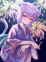 Rule 34 | 1girl, absurdres, aerial fireworks, ahoge, animal ear fluff, animal ears, blush, cat ears, cat girl, cat tail, commentary request, fireworks, floral print, hair between eyes, highres, holding, holding fireworks, hololive, japanese clothes, kimono, long sleeves, looking at viewer, nekomata okayu, obi, parted lips, print kimono, purple eyes, purple hair, purple kimono, sash, senkou hanabi, solo, sparkler, squatting, tail, tail raised, togemaru34, virtual youtuber, wide sleeves