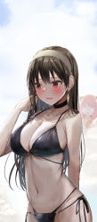 Rule 34 | 2girls, anya (spy x family), arm behind back, bikini, black bikini, black hair, blurry, blurry background, blush, breasts, child, collarbone, earrings, gold earrings, hair down, hairband, halterneck, hand up, highres, jewelry, large breasts, long hair, looking away, looking to the side, mother and daughter, multiple girls, navel, o o, rouka (akatyann), side-tie bikini bottom, solo focus, spy x family, stomach, straight hair, strap gap, string bikini, swimsuit, wet, white hairband, yor briar