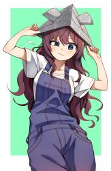 Rule 34 | 1girl, blue eyes, brown hair, commentary request, cowboy shot, hands on headwear, ichinose shiki, idolmaster, idolmaster cinderella girls, long hair, outside border, overalls, paper hat, shirt, short sleeves, simple background, smile, suspenders, unmoving pattern, wavy hair, white shirt, youtike