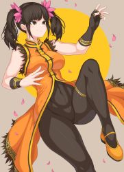 Rule 34 | 1girl, absurdres, black gloves, black hair, blush, blush stickers, bodysuit, brown eyes, chinese clothes, closed mouth, covered navel, fingerless gloves, fingernails, fur trim, gloves, highres, leg up, ling xiaoyu, mary janes, medium hair, mogtate, namco, orange footwear, petals, shoes, simple background, single glove, skin tight, smile, solo, tekken, tight clothes, twintails
