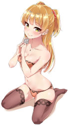 Rule 34 | 1girl, blonde hair, bra, breasts, condom, condom wrapper, fang, fang out, hair ornament, hair ribbon, highres, idolmaster, idolmaster cinderella girls, jewelry, jougasaki rika, long hair, looking at viewer, murabito c, navel, necklace, ribbon, seiza, simple background, sitting, small breasts, smile, solo, thighhighs, twintails, two side up, underwear, yellow eyes