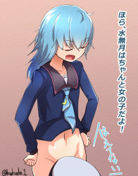 Rule 34 | 1boy, 1girl, :d, admiral (kancolle), age difference, aqua hair, aqua neckwear, blue shirt, blush, bottomless, closed eyes, collarbone, commentary request, crescent, crescent pin, facing another, fang, flat chest, groin, hands on own hips, hat, hetero, highres, implied cunnilingus, kakudai (hujikolp), kantai collection, light blush, long hair, long sleeves, military hat, minazuki (kancolle), navel, necktie, open mouth, school uniform, serafuku, shirt, smile, solo focus, translated, twitter username, white hat