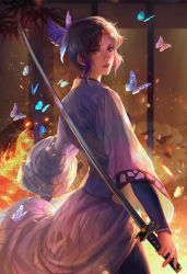 Rule 34 | 1girl, animal print, black hair, blue butterfly, bug, butterfly, butterfly hair ornament, butterfly print, fan yang (jiuge), fire, from behind, hair ornament, haori, highres, holding, holding sword, holding weapon, insect, japanese clothes, katana, kimetsu no yaiba, kochou shinobu, looking at viewer, looking back, multicolored hair, parted lips, purple butterfly, purple eyes, realistic, reverse grip, streaked hair, sword, weapon