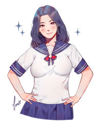 Rule 34 | 1girl, artist name, black hair, blue sailor collar, blue skirt, blush, hands on own hips, highres, long hair, looking at viewer, pleated skirt, purple eyes, real life, rinrin marinka, sailor collar, shirt, short sleeves, simple background, skirt, smile, solo, tomtomoyy, upper body, white background, white shirt