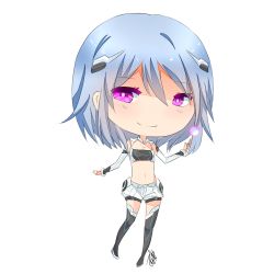 Rule 34 | 1girl, alpha (acerailgun), android, blue hair, boots, borrowed character, chibi, detached sleeves, full body, navel, original, pink eyes, shouu-kun, signature, smile, solo, thigh boots, thighhighs, transparent background