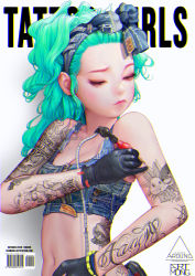 1girl absurdres aqua_hair arm_tattoo artist_name artmong barcode black_gloves bracelet breasts chromatic_aberration cleavage denim gloves highres jewelry long_hair midriff navel original shadow solo tattoo upper_body