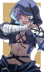 Rule 34 | 1boy, bandaged arm, bandages, dark-skinned male, dark skin, fate/grand order, fate (series), hassan of the shining star (fate), highres, holding, holding mask, hood, male focus, mask, mole, mole under eye, purple hair, puyue, signature, stomach tattoo, tattoo, yellow eyes