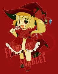 Rule 34 | 1girl, alternate costume, blonde hair, candy, character name, chibi, fang, female focus, flandre scarlet, food, hat, lollipop, misaki (1n1m), open mouth, red background, red eyes, side ponytail, simple background, smile, solo, touhou, wings, witch hat