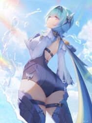 Rule 34 | 1girl, absurdres, artist name, ass, back, bare back, black hairband, blue cape, blue gloves, blue hair, blue sky, boots, cape, chest harness, closed mouth, clothing cutout, cloud, commentary request, cowboy shot, day, eula (genshin impact), from below, genshin impact, gloves, grabbing own thigh, hairband, hand on own chest, harness, high-waist shorts, highres, juuhachi kin (anthonyy1821), long sleeves, looking at viewer, looking back, medium hair, shorts, shoulder cutout, skindentation, sky, solo, splatter, sunlight, thigh boots, thighs, water, white sleeves, wide sleeves, yellow eyes