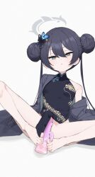 Rule 34 | 1girl, absurdres, barefoot, black dress, black hair, black jacket, blue archive, breasts, butterfly hair ornament, china dress, chinese clothes, commentary, double bun, dragon print, dress, feet, full body, grey eyes, grey halo, hair bun, hair ornament, halo, haniwa (statue), highres, jacket, kisaki (blue archive), no panties, parted lips, pelvic curtain, pinstripe jacket, pinstripe pattern, simple background, simulated footjob, single bare shoulder, small breasts, solo, spread legs, striped clothes, striped jacket, take mawile, toenails, toes, turtleneck, turtleneck dress, twintails, vertical-striped clothes, vertical-striped jacket, white background