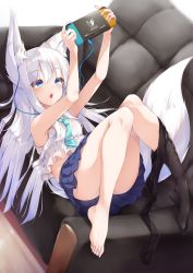 Rule 34 | 1girl, :o, animal ear fluff, animal ears, arm support, armpits, arms up, bare arms, bare shoulders, barefoot, black pantyhose, blue eyes, blue necktie, blue skirt, blush, brand name imitation, clothes pull, commentary request, convenient leg, couch, earphones, fox ears, fox girl, fox tail, full body, highres, holding, knees together feet apart, knees up, long hair, lying, miniskirt, necktie, nintendo switch, on back, on couch, open mouth, original, pantyhose, pantyhose around one leg, pantyhose pull, playing games, pleated skirt, shirt, silver hair, skirt, sleeveless, sleeveless shirt, solo, tail, very long hair, white shirt, yuki kawachi