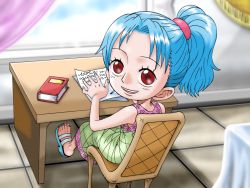 Rule 34 | 1girl, :d, aged down, blue hair, blush, book, chair, child, day, desk, dress, female focus, ichi bit, indoors, looking at viewer, looking back, nefertari vivi, one piece, open mouth, paper, ponytail, red eyes, sandals, shoes, sitting, smile, solo