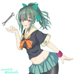 Rule 34 | 1girl, absurdres, beige sailor collar, black shirt, bow, commentary request, dated, green hair, green skirt, hair bow, highres, kantai collection, leaning forward, looking at viewer, midriff, nitamako (sakamalh), one-hour drawing challenge, orange bow, orange neckwear, pantyhose, pink wristband, pleated skirt, ponytail, sailor collar, school uniform, serafuku, shirt, simple background, skirt, solo, twitter username, white background, wrench, wristband, yuubari (kancolle)