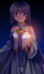Rule 34 | 1girl, cape, circlet, highres, magic, mutsuki (moonknives), non-web source, pink eyes, purple hair, robe, smile, solo, source request