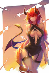 Rule 34 | 1girl, bare shoulders, black leotard, breasts, breasts apart, center opening, cowboy shot, criss-cross halter, demon girl, demon horns, demon tail, garter straps, halterneck, hand on own hip, heart, highres, horns, leotard, long hair, medium breasts, original, parted lips, pink eyes, pointy ears, red hair, solo, standing, demon girl, symbol-only commentary, tail, thigh gap, thighhighs, very long hair, wings, zel (o q)