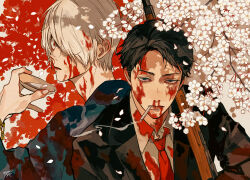 Rule 34 | 2boys, alcohol, black hair, black jacket, blood, blood on clothes, blood on face, character request, check character, cherry blossoms, cigarette, closed mouth, collared shirt, cup, fingernails, flower, gegege no kitarou, medama oyaji (human), hair over one eye, hand up, highres, holding, holding cup, jacket, kagoya1219, kitarou tanjou: gegege no nazo, looking at viewer, male focus, medama oyaji (human), mizuki (gegege no kitarou), multiple boys, necktie, one eye covered, over shoulder, petals, red eyes, red necktie, sakazuki, sake, scar, scar across eye, shirt, short hair, signature, smoke, smoking, suit jacket, upper body, weapon, weapon over shoulder, white flower, white hair, white shirt