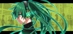 Rule 34 | 1girl, akayashi ggg, alternate costume, aqua eyes, aqua hair, close-up, eyes visible through hair, floating hair, grin, gym uniform, hatsune miku, headphones, letterboxed, long hair, looking back, outside border, parted lips, ponytail, profile, shaded face, smile, solo, upper body, very long hair, vocaloid